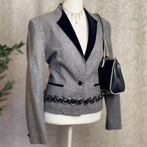 Vintage 80s TJW‎ by Mervyn's Gray Blazer Black Lapel Retro Officecore Size 14